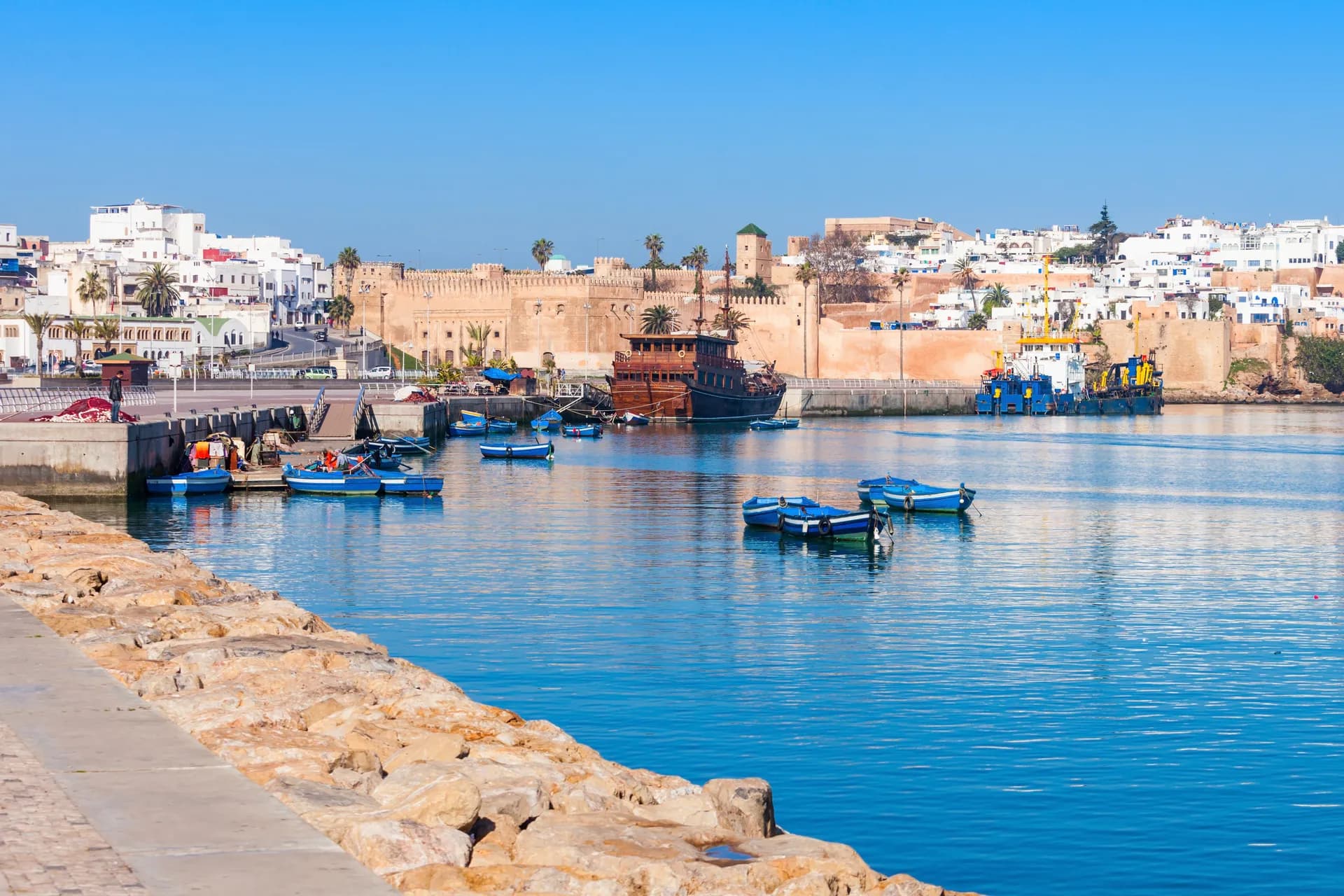 Rabat medina harbour with traditional blue boats, Morocco