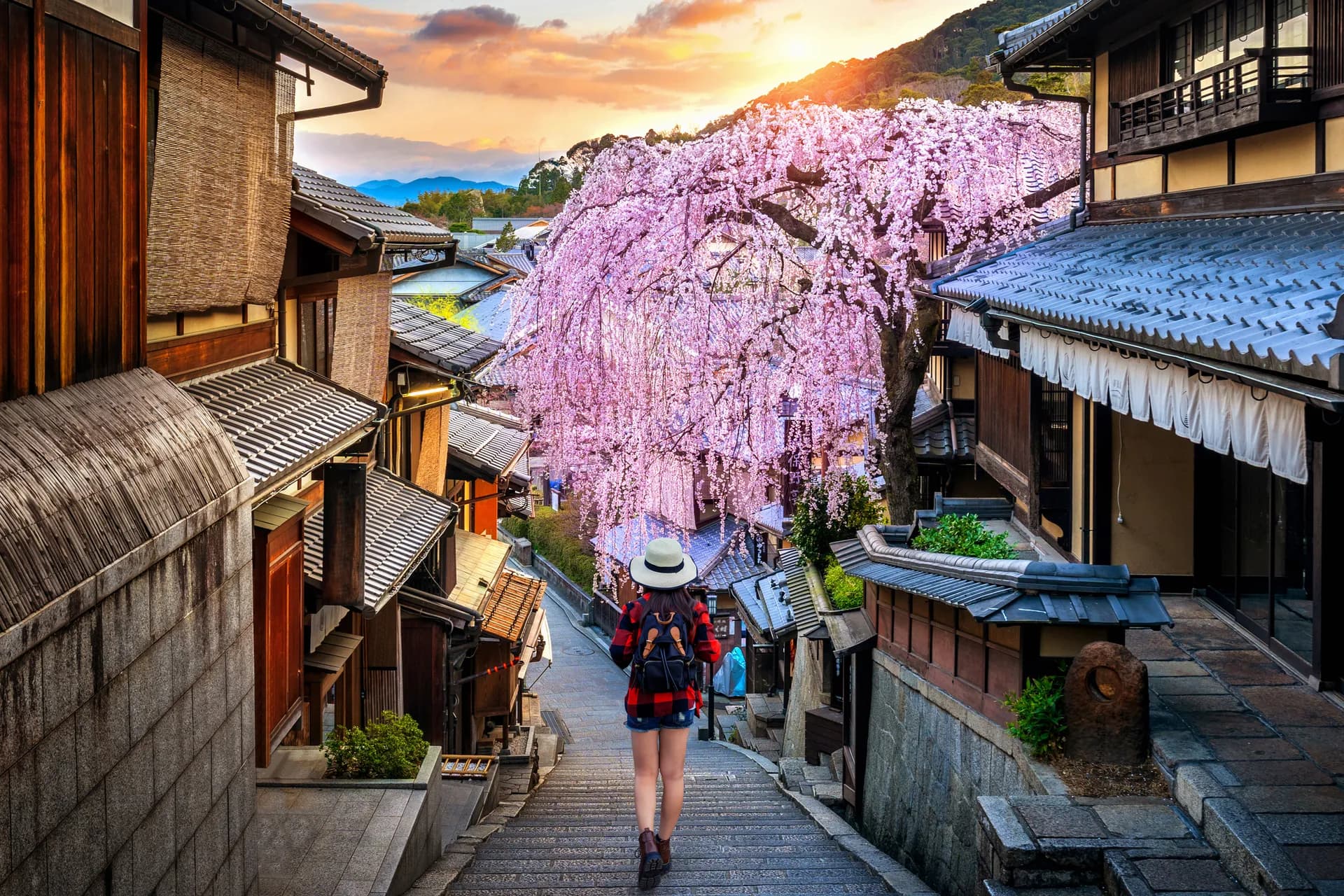 Historic Higashiyama district in spring with cherry blossoms in Kyoto