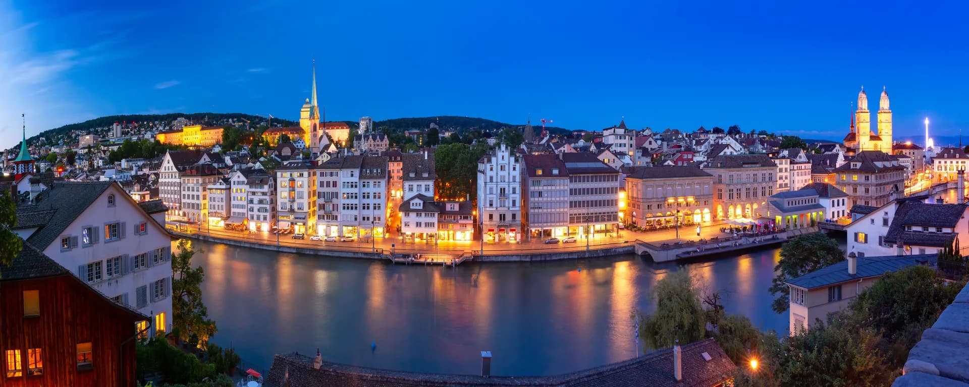 Zurich old town along the Limmat River illuminated at night