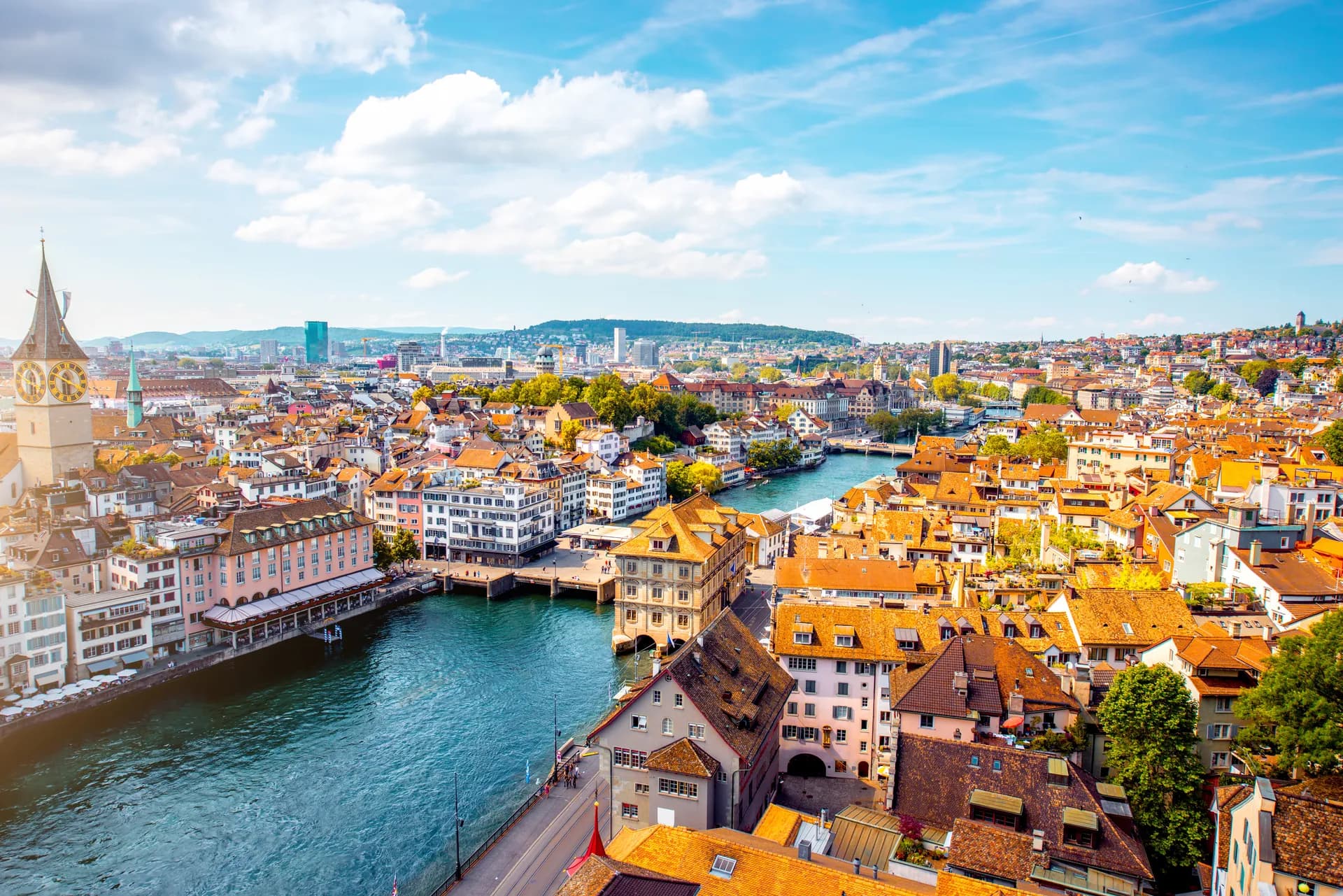 Zurich old town riverside with historic buildings at evening
