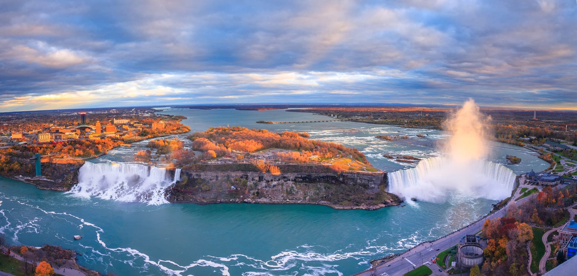 Aerial view of Niagara Falls Horseshoe Falls at sunset